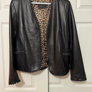 RAFFAELLO ROSSI Black Leather Jacket with Leopard Print Lining